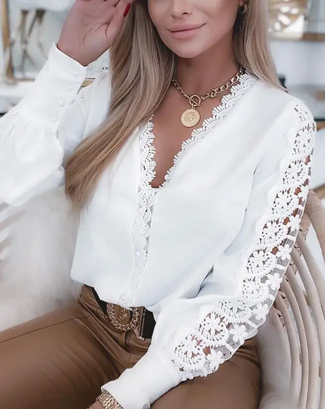 

Chic Guipure Lace Patch Buttoned Top V-Neck Long Sleeve Blouses Plain White Daily Work Lady Fashion Elegant Women's T-Shirt