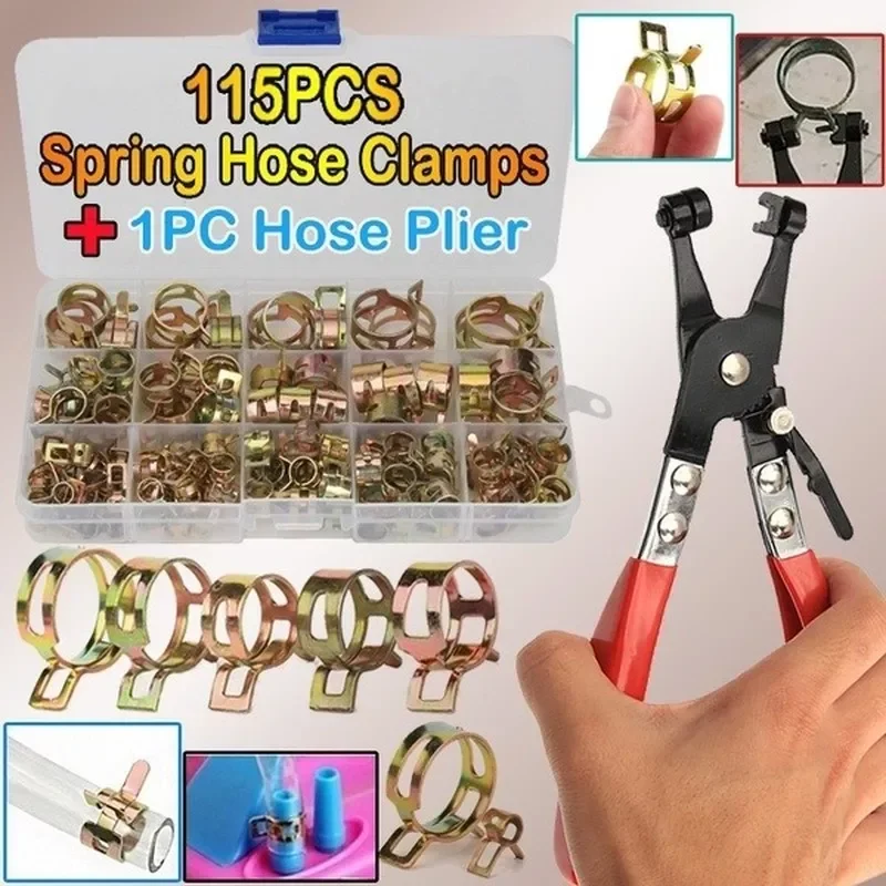 

115 PCS Zinc Plated Spring Hose Clamps + 1PC Straight Throat Tube Pipe Clamp Metal Fastener Assortment Kit Pliers 6-22mm