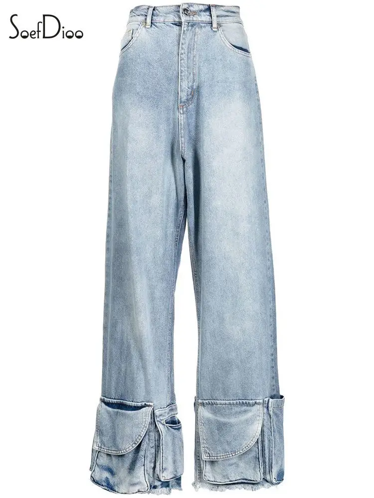 

Soefdioo Fashion Denim Loose Pants Casual Trouser Legs Multi Pocket Straight Cargo Jeans Women Summer 2023 Gothic Streetwear