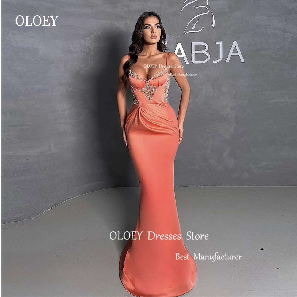 

OLOEY Elegant Blush Satin Dubai Arabic Women Evening Dresses Sweetheart Spaghetti Straps Long Prom Gowns Formal Party Dress
