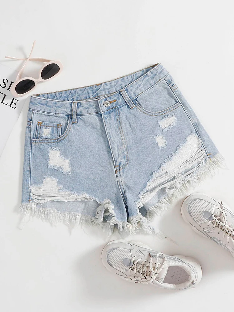 

Ailegogo Women Summer High Waist Loose Raw Hem Blue Denim Shorts Streetwear Female Button Frayed Hole Jeans Shorts Bottoms