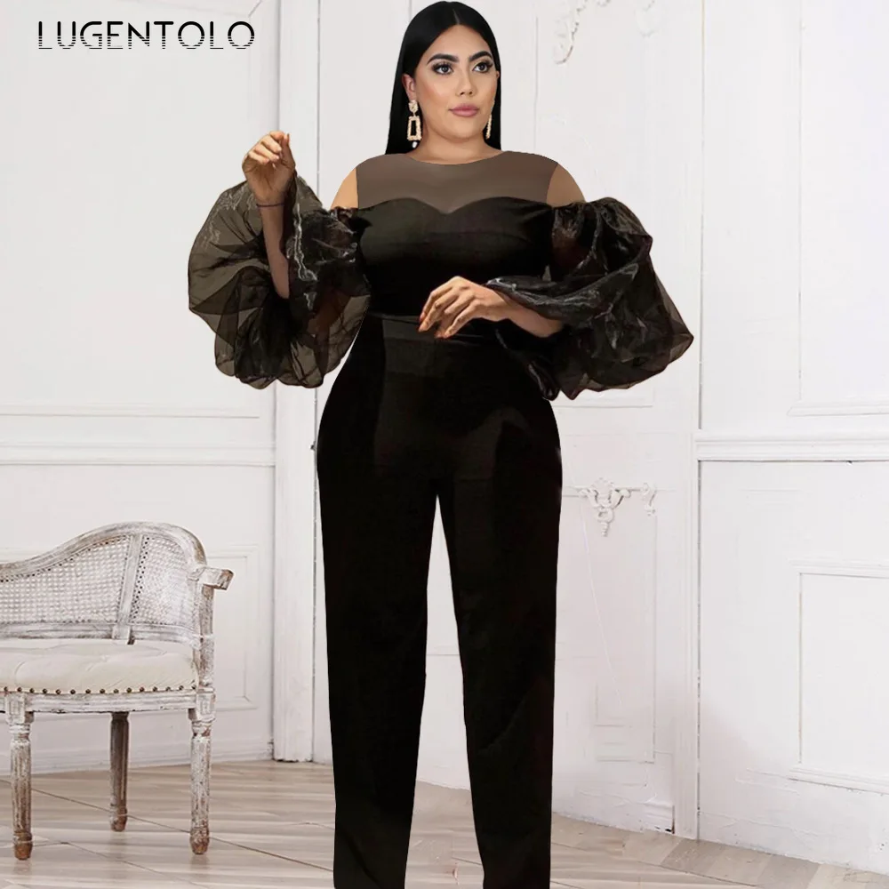 Women Sexy Cutout Jumpsuit Paneled Tulle Puff Sleeves Black Lady Elegant High Waist O-neck Straight Fashion Commute Jumpsuits
Women Sexy Cutout Jumpsuit Paneled Tulle Puff Sleeves Black Lady Elegant High Waist O-neck Straight Fashion Commute Jumpsuits