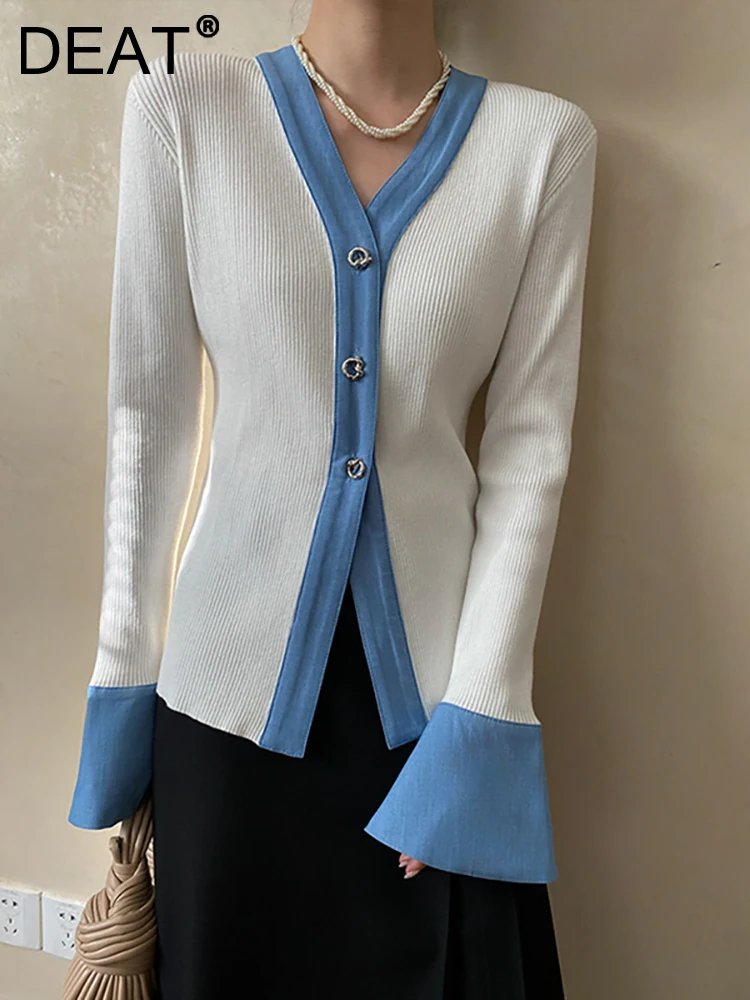 DEAT Fashion Women Knitted Cardigan V-neck Spliced Denim Flare Sleeve Contrast Color Sweater Coat Spring 2023 Trend New 17A6192
DEAT Fashion Women Knitted Cardigan V-neck Spliced Denim Flare Sleeve Contrast Color Sweater Coat Spring 2023 Trend New 17A6192