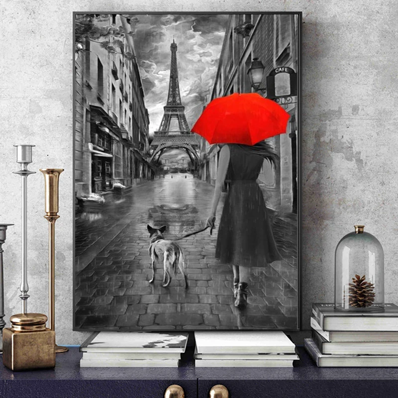 

Black And White Art Eiffel Tower France Street Landscape Poster Modern Sexy Woman Red Umbrella Dog Canvas Painting Wall Art