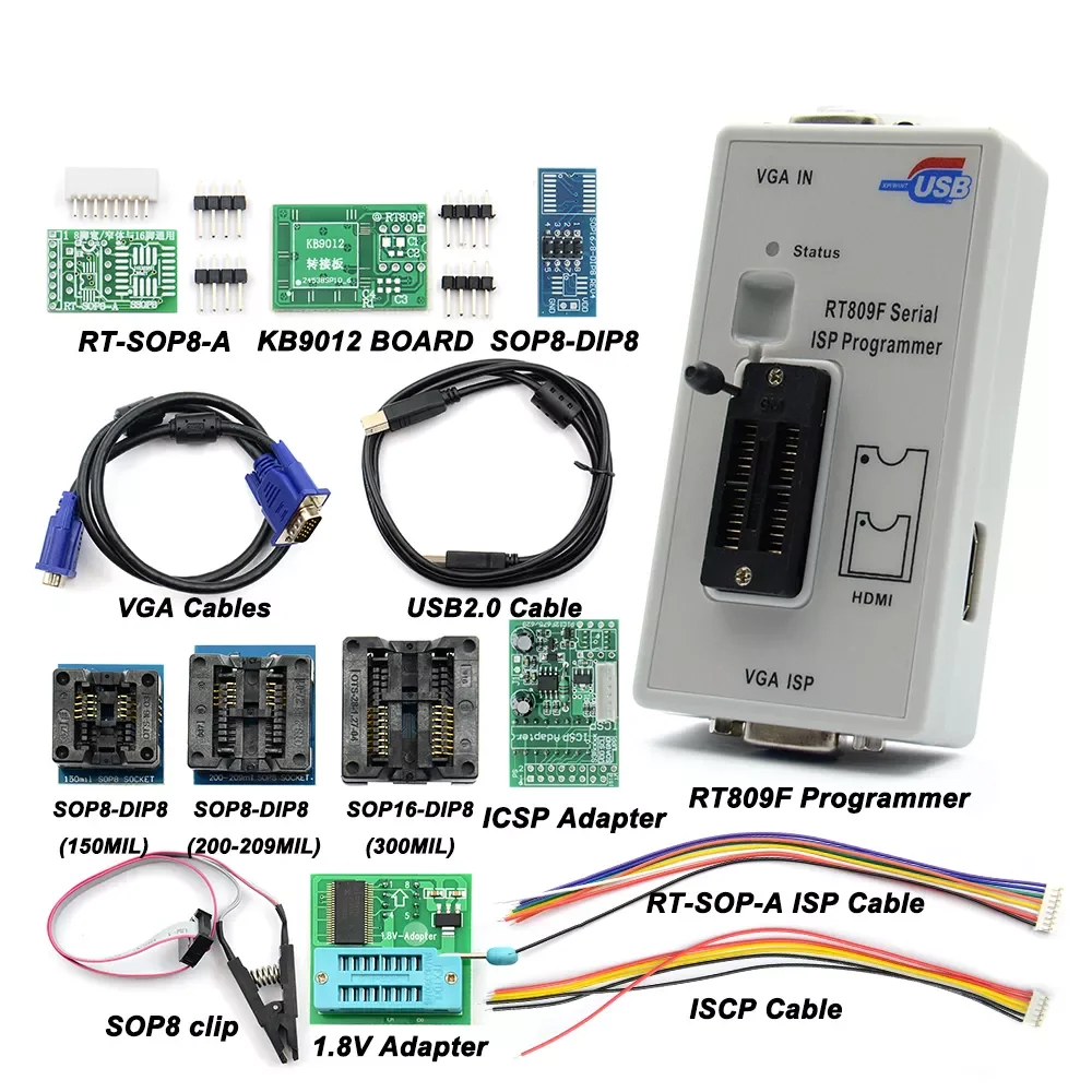 RT809F серийный ISP программатор с 11 адаптерами + 1,8 в SOP8 тестовый зажим + кабель EDID смарт-чипы программируемый калькулятор
RT809F серийный ISP программатор с 11 адаптерами + 1,8 в SOP8 тестовый зажим + кабель EDID смарт-чипы программируемый калькулятор