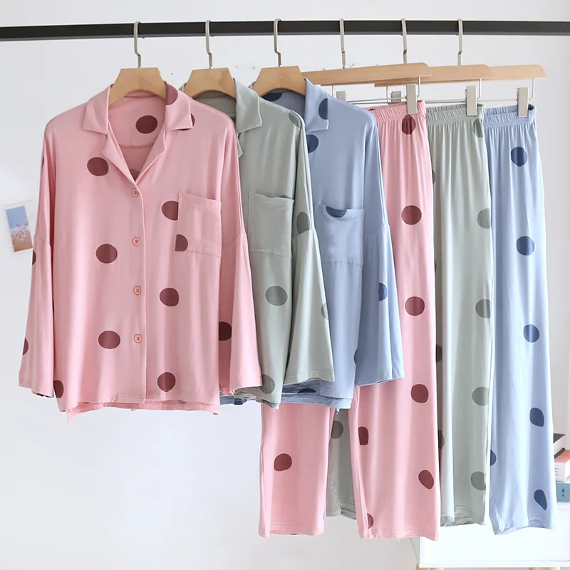 

New Pajamas for Women Modal Lapel Trousers Long Sleeve Pijamas Polka Dot Comfortable Breathable Suit Plus Size Sleepwear 2 Piece