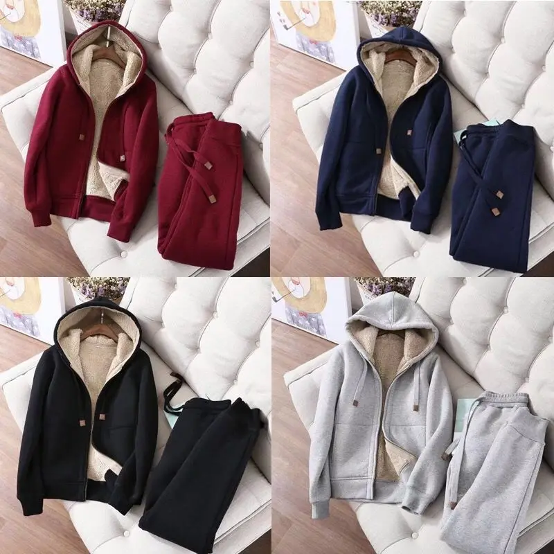 Женский спортивный теплый костюм из 2 предметов, новый плюшевый утепленный свитер с капюшоном, женский осенне-зимний костюм, женский зимний ...