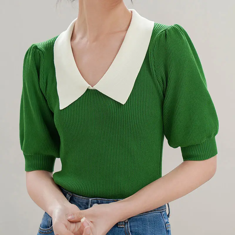 French Doll Neck Knit Women's Design Feel Ice Silk T-shirt Bubble Sleeves Classic Black Summer New Top Women pulovers
French Doll Neck Knit Women's Design Feel Ice Silk T-shirt Bubble Sleeves Classic Black Summer New Top Women pulovers