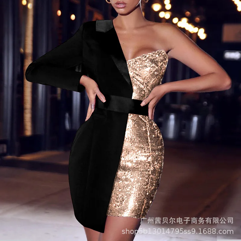 2022 new ladies one-shoulder sequin stitching evening dress female spring sexy party dresses
2022 new ladies one-shoulder sequin stitching evening dress female spring sexy party dresses