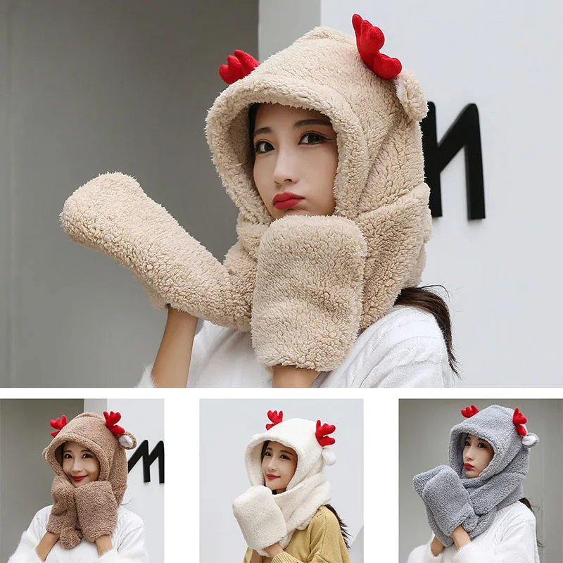 

Women Cute Cartoon Fawn Thick Hat Ear Protectors Warm h Hat Scarf Gloves Set Scarf Gloves Hat Set for Men Scarf Hat Set