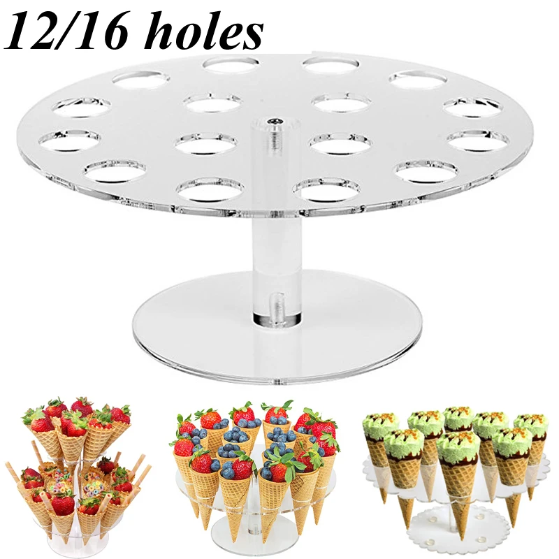 

12/16 Holes Double Layer Acrylic Transparent Ice Cream Stand Cake Cone Popcorn Food Display Stand Holder For Home Wedding Buffet