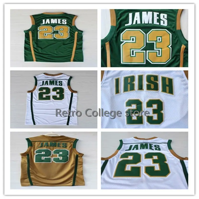 

Irish High School #23 James Jersey Men's Throwback 100% Stitched basketball Jersey Top quality White Green Gold