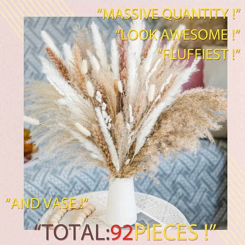 92Pcs Natural Dried Pampas Grass Bouquet Dried Reed Long-Lasting Bouquet for Boho Natural Home Decor Wedding Decor
92Pcs Natural Dried Pampas Grass Bouquet Dried Reed Long-Lasting Bouquet for Boho Natural Home Decor Wedding Decor