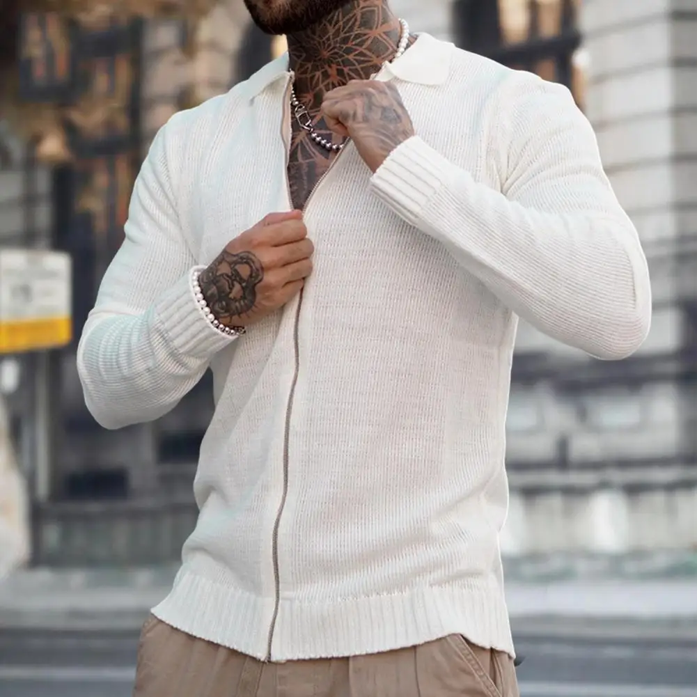 

Men Knitwear Lapel Long Sleeve Ribbed Trim Knitting Cardigan Men Autumn Solid Color Zipper Placket Knitted Top Streetwear