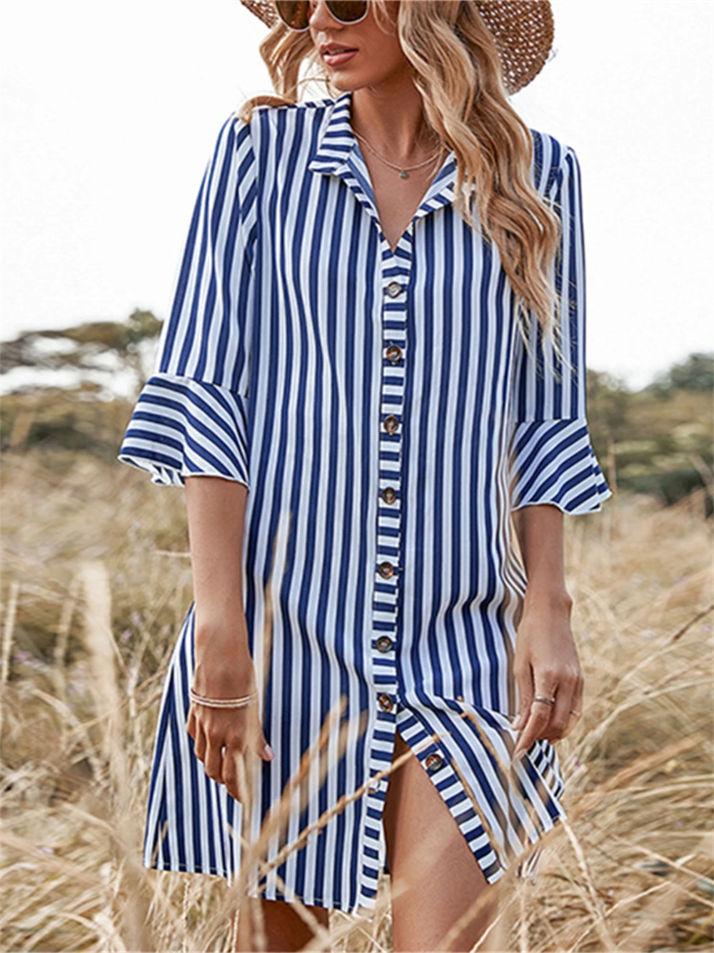 Women Elegant Striped Half Sleeve Summer Dress Causal V-neck Button Baggy Midi Dresses 2022 Women Beach Holiday Party Vestidos 
Women Elegant Striped Half Sleeve Summer Dress Causal V-neck Button Baggy Midi Dresses 2022 Women Beach Holiday Party Vestidos