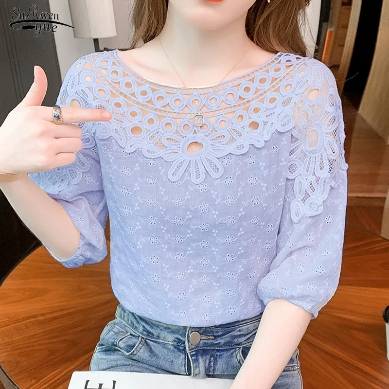 Summer Flowers Cotton Shirts Casual O Neck Short Sleeve Loose Elegant Purple Tops Fashion Embroidered Lace Women's Blouse 21212
Summer Flowers Cotton Shirts Casual O Neck Short Sleeve Loose Elegant Purple Tops Fashion Embroidered Lace Women's Blouse 21212