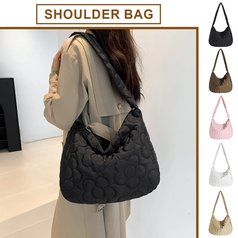 

Women Flower Quilted Tote Bag Lightweight Down Hobo Bag Versatile Satchel Handbag Large Capacity Casual Daily Dating Bag