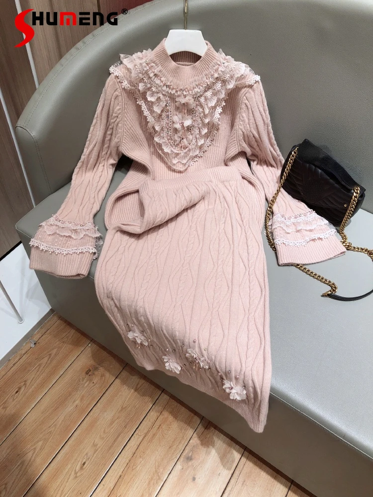 Women Fashionn Sweet Two-piece Set 2021 Winter Ladies Korean Style Beads Lace Ruffled Stitching Sweater Solid Knee-length Dress
Women Fashionn Sweet Two-piece Set 2021 Winter Ladies Korean Style Beads Lace Ruffled Stitching Sweater Solid Knee-length Dress