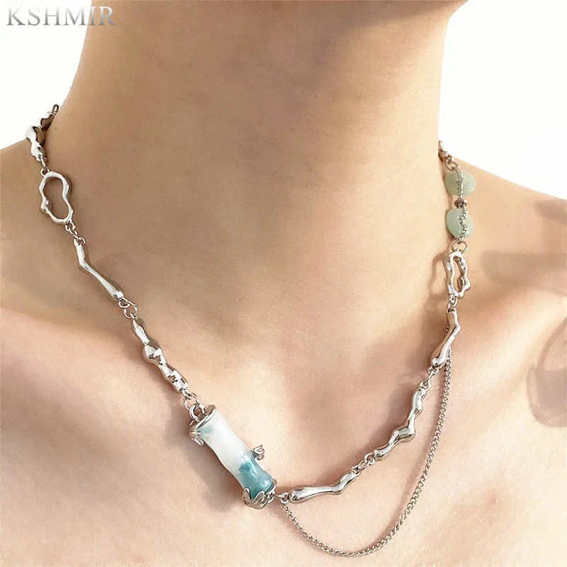 

Bamboo fringe new Chinese national style jade necklace light luxury delicate senior design sense clavicle chain bracelet female