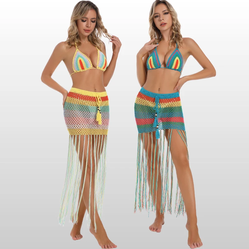 

Fringe Striped High Waist Long Skirt Crochet Slide Triangle Bikini Set Swimsuits Beach Styles Summer Fashion Sexy Cut Outfits