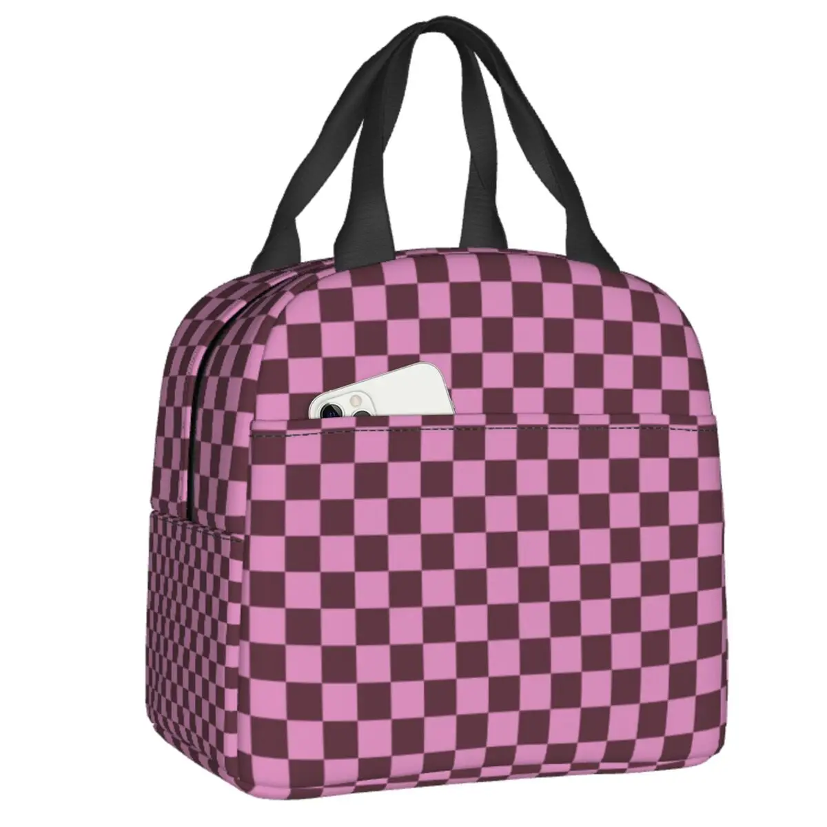 

Purple And Brown Checkerboad Lunch Box Women Checkered Cooler Thermal Food Insulated Lunch Bag School Children Student