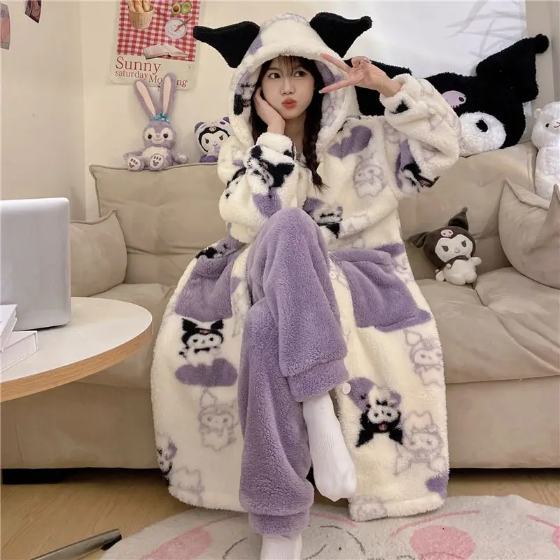 Kawaii Sanrio Anime Kuromi Exquisite Cute Cartoon Printed Winter Coral Velvet Warm Home Hooded Pajama Set Gifts for Girls
Kawaii Sanrio Anime Kuromi Exquisite Cute Cartoon Printed Winter Coral Velvet Warm Home Hooded Pajama Set Gifts for Girls