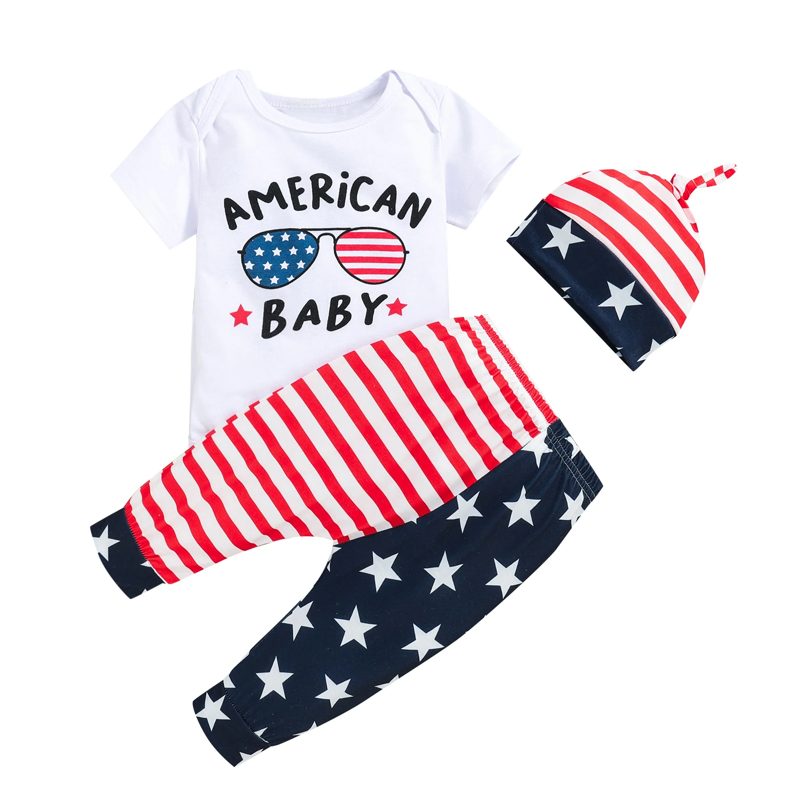 Baby Boys 3PCS Romper Suit, Short Sleeve Letter Glasses Romper + Striped Star Long Pants + Beanie Hat, Independence Day Outfits
Baby Boys 3PCS Romper Suit, Short Sleeve Letter Glasses Romper + Striped Star Long Pants + Beanie Hat, Independence Day Outfits