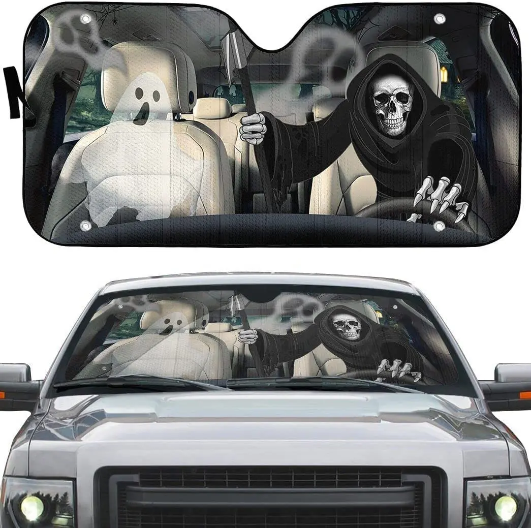 

Grim Reaper Skeleton Left Hand Drive Car Sunshade, Grim Reaper Driving with Ghosts Halloween Auto Sun Shade, Windshield Visor fo