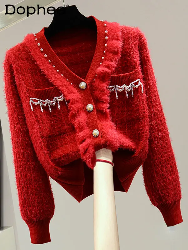 Red Cardigans Womens Fashion Beads V-neck Long-Sleeved Sweater 2022 Spring Korean Style Loose Solid Color Knitwears Femme
Red Cardigans Womens Fashion Beads V-neck Long-Sleeved Sweater 2022 Spring Korean Style Loose Solid Color Knitwears Femme