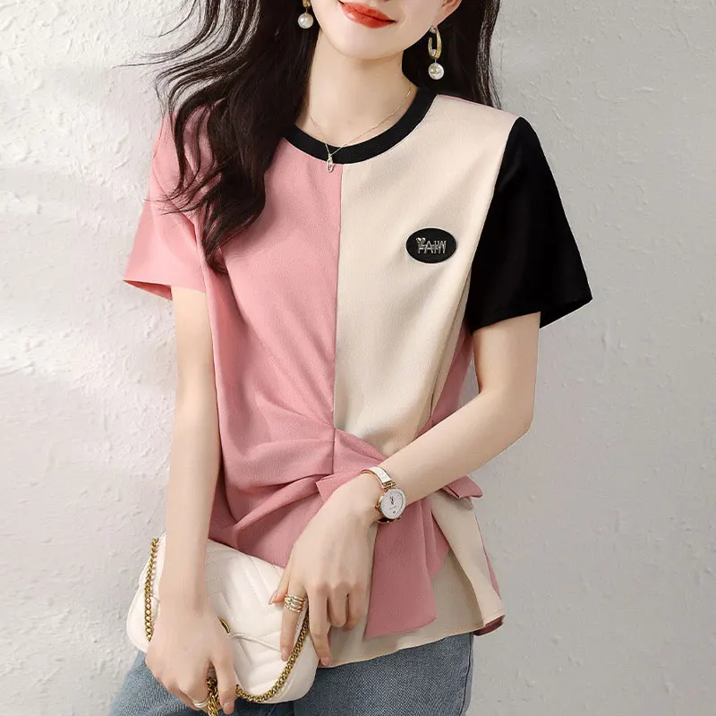 Женская футболка на шнуровке, Повседневная футболка контрастных цветов со складками и графическим принтом, в стиле пэчворк, лето 2023