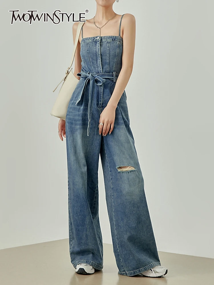 TWOTWINSTYLE Denim Solid Jumpsuits For Women Square Collar Sleeveless High Waist Wide Leg Pants Casual Jumpsuit Female Fashion 
TWOTWINSTYLE Denim Solid Jumpsuits For Women Square Collar Sleeveless High Waist Wide Leg Pants Casual Jumpsuit Female Fashion