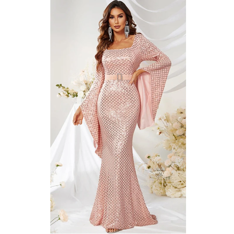 Elegant Ladies Flare Sleeve Square Collar Pink Sequined Evening Gown Prom Cocktail Mermaid Long dress Women Clothing
Elegant Ladies Flare Sleeve Square Collar Pink Sequined Evening Gown Prom Cocktail Mermaid Long dress Women Clothing