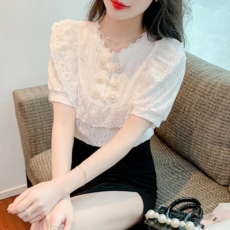 Women's Lace Beaded Shirt 2023 Summer New Korean Fashion Design Short Sleeve Chiffon Tops Slim Temperament Sweet Ladies Blouse
Women's Lace Beaded Shirt 2023 Summer New Korean Fashion Design Short Sleeve Chiffon Tops Slim Temperament Sweet Ladies Blouse