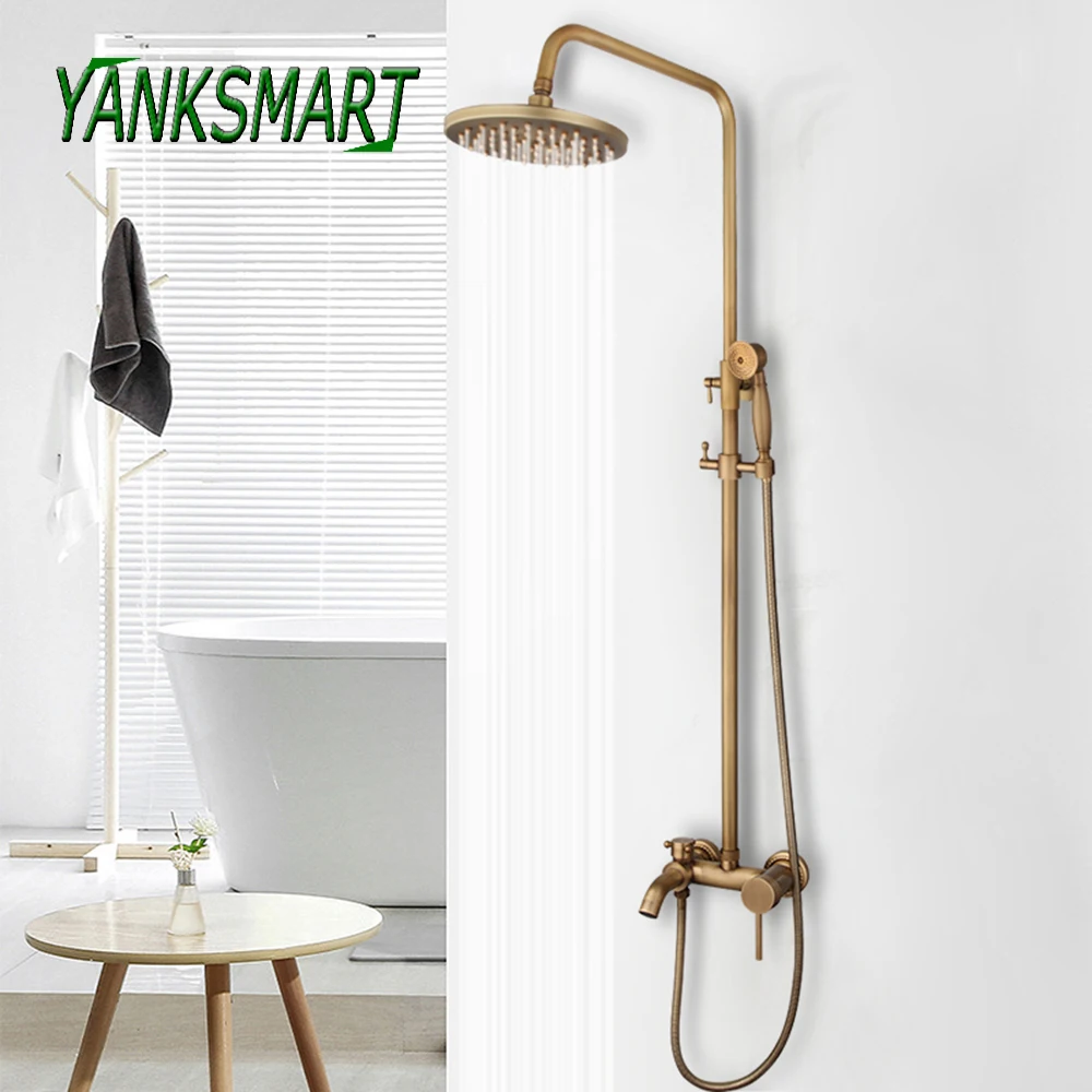 

YANKSMART Antique Brass Bathroom Shower Faucet Set 8" Rainfall Wall Mounted Shower Head Faucet Mixer Water Tap Combo Kit