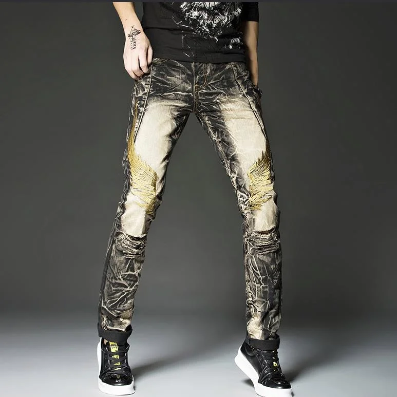 

High Quality Hip Rock Mens Hop Black Jeans Studs Embroidery Gold Wings Pants Europe and America Street Fashion Vintage Ripped St