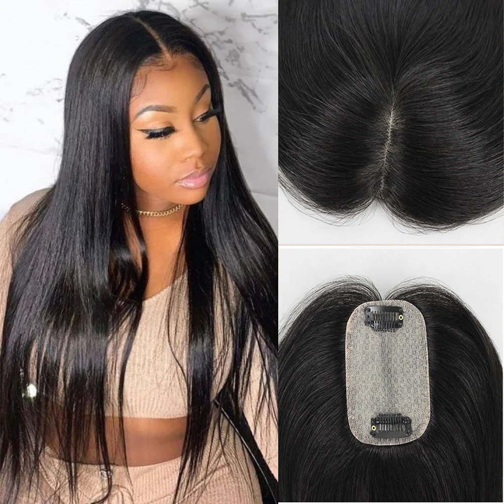 

22 inch Middle Part Human Hair Topper Silk Skin Base Toupee With 2cm PU Around Virgin Hair Extension with Clips for Women
