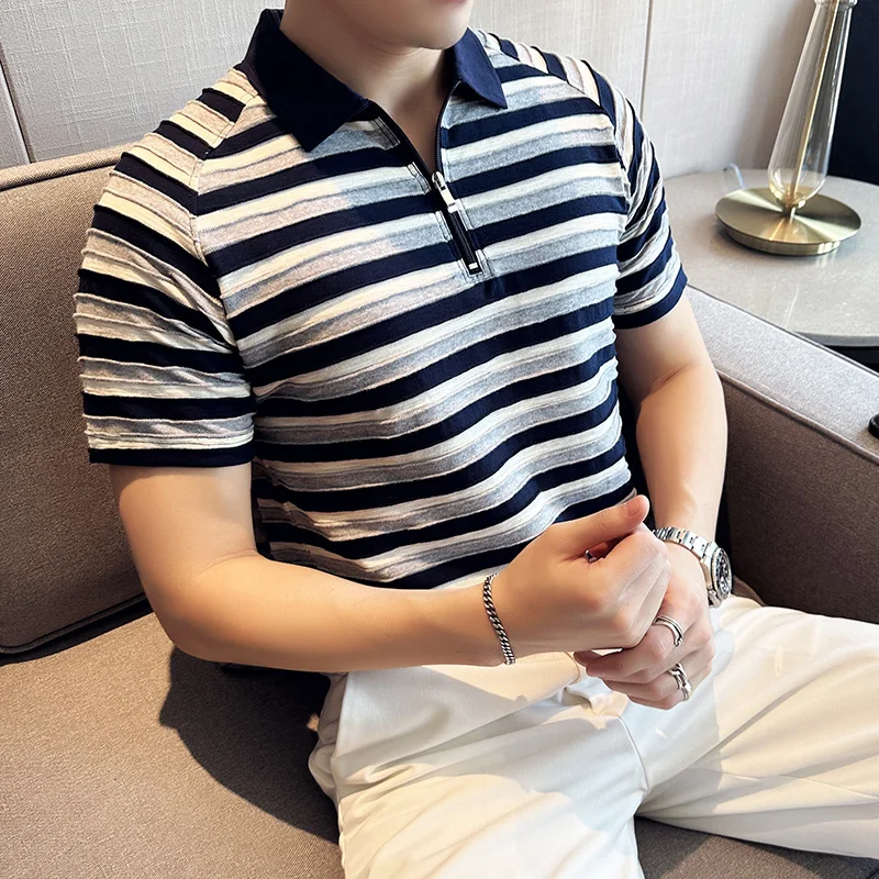 

Летняя 3D полосатая рубашка поло для мужчин, модная повседневная футболка на молнии с коротким рукавом, приталенная деловая рубашка поло с отворотом, мужская одежда