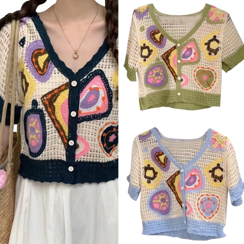 Womens Crochet Knit Colorblock Half Sleeve Cropped Cardigan V-Neck Button Down Abstract Floral Embroidery Shirt Blouses P8DB
Womens Crochet Knit Colorblock Half Sleeve Cropped Cardigan V-Neck Button Down Abstract Floral Embroidery Shirt Blouses P8DB