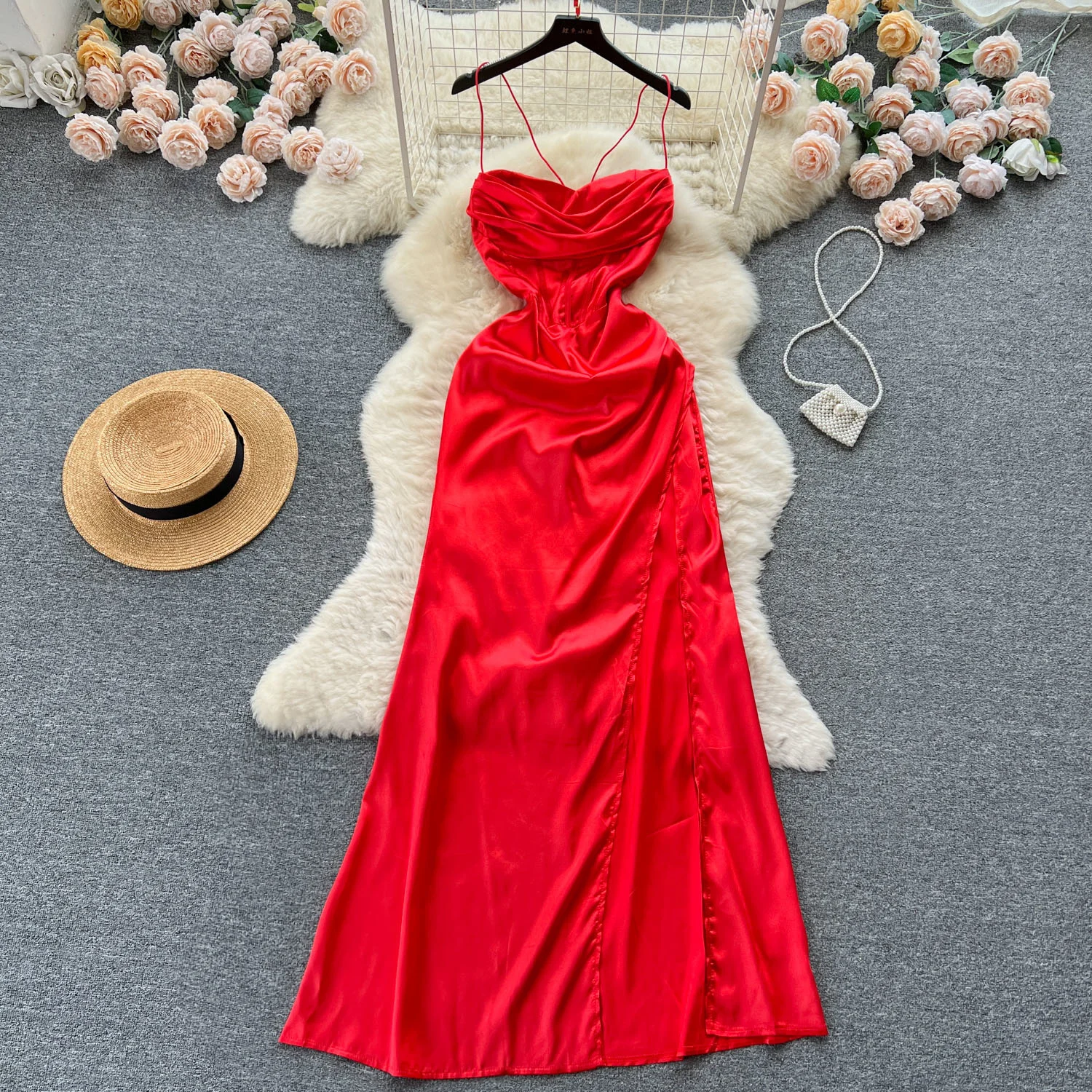 Sexy Spaghetti Strap Sleeveless Maxi Dress for Women Summer Elegant High Waist Split Lace Up Backless A Line Evening Party Dress 
Sexy Spaghetti Strap Sleeveless Maxi Dress for Women Summer Elegant High Waist Split Lace Up Backless A Line Evening Party Dress