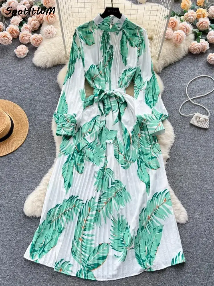 Leaves Printed Pleated Lace Up Long Dresses Women Stand Collar Lantern Sleeved Loose Vestidos 2023 Summer Chiffon Rober Muhers
Leaves Printed Pleated Lace Up Long Dresses Women Stand Collar Lantern Sleeved Loose Vestidos 2023 Summer Chiffon Rober Muhers