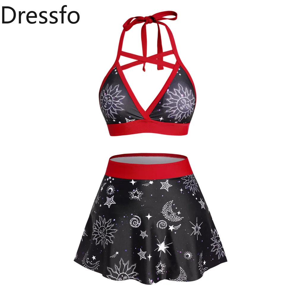 

Dressfo Vacation Bikini Set Swimsuit Sun Moon Star Print Crisscross Halter Swimwear Padded Shorts Bathing Suit Beachwear Women