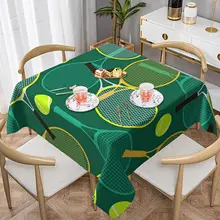 Washable Oil-Proof Square Table Cloth Tennis Rackets and Balls Outdoor Tablecloth for Picnic Parties Bbqs Dinner Kitchen Decor