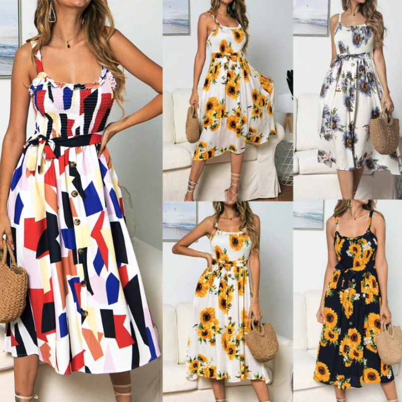 

2022 Fashion Summer Women's Sling Ruffled Sunflower Print Dress One Row Button Dress for Ladies Beach Party Date Dress S-XL
