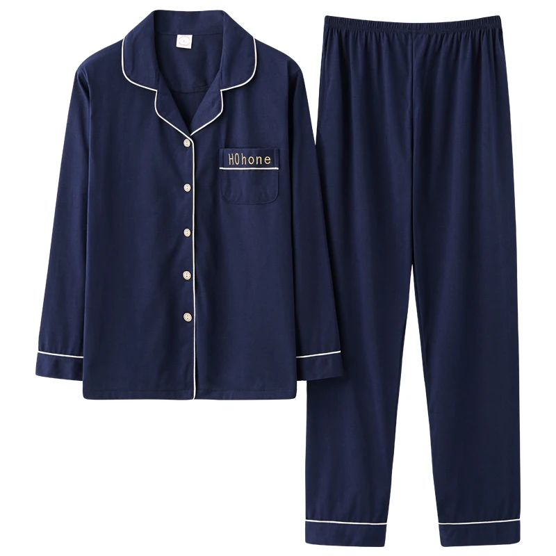 Пижама с рукавом 4XL, длинный домашний свободный Однотонный женский хлопковый пижамный комплект ярдов, простой костюм 3XL, большой темно-синий...