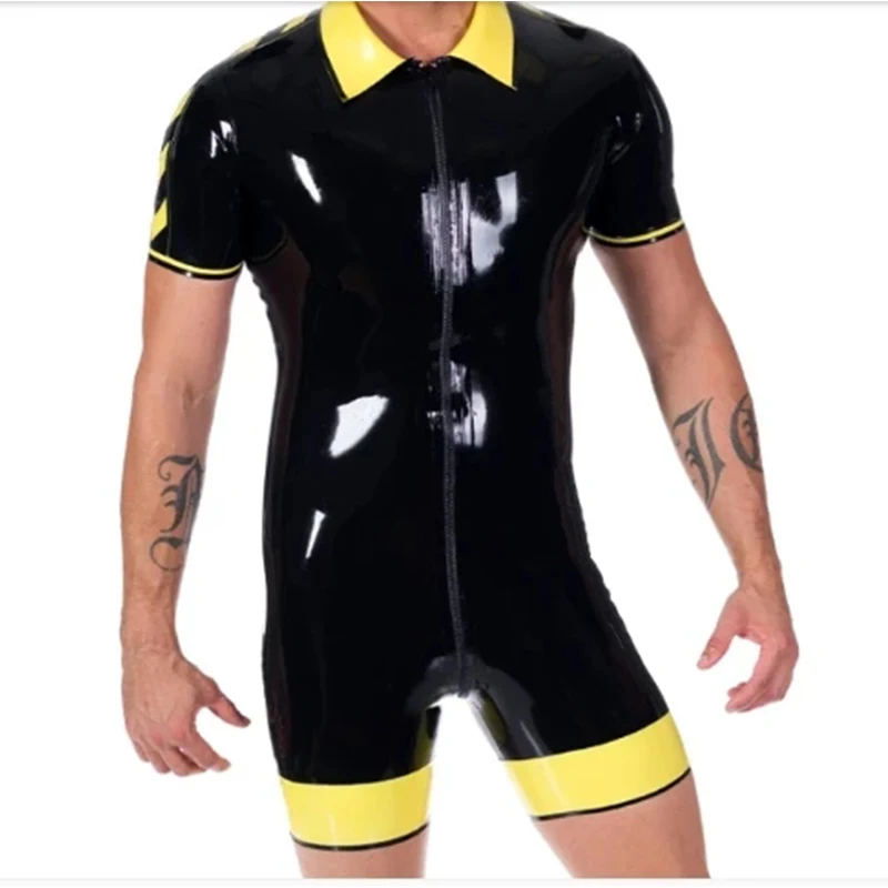

Latex Rubber Catsuit Black with Yellow Front Zip Gummi Leotard Unique Jumpsuits Cool Rompers Customized 0.4mm for Men