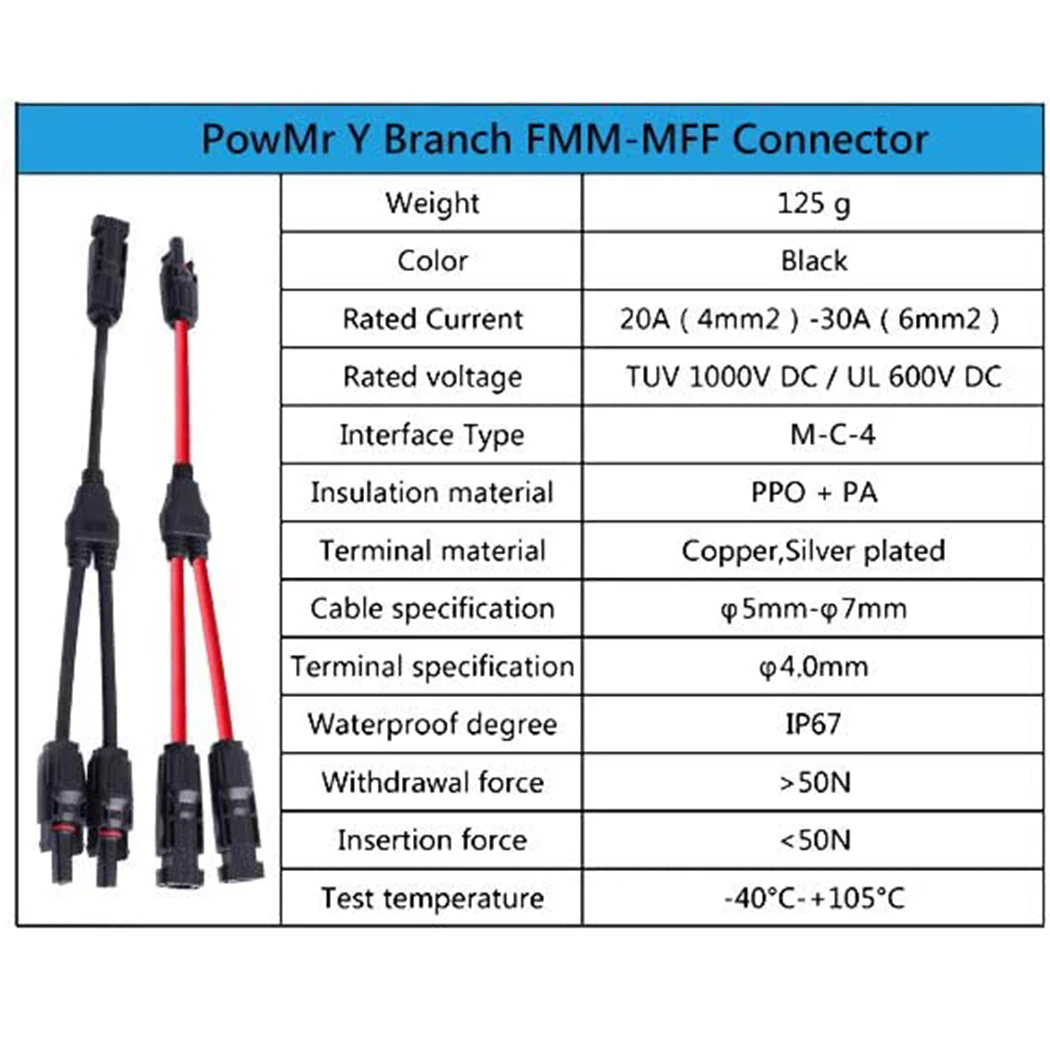 DC1000V Y Branch Connector FFM MMF PV Solar Panel Useful Wire Plug 1 Pair 30A Accessories Durable High Quality
DC1000V Y Branch Connector FFM MMF PV Solar Panel Useful Wire Plug 1 Pair 30A Accessories Durable High Quality