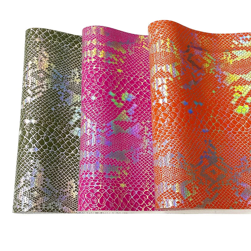 Snake Skin Pattern Printed With Holographic Laser Metallic Effect PU Faux Leather Fabric Sheet for Shoe/Bag/Decoration
Snake Skin Pattern Printed With Holographic Laser Metallic Effect PU Faux Leather Fabric Sheet for Shoe/Bag/Decoration