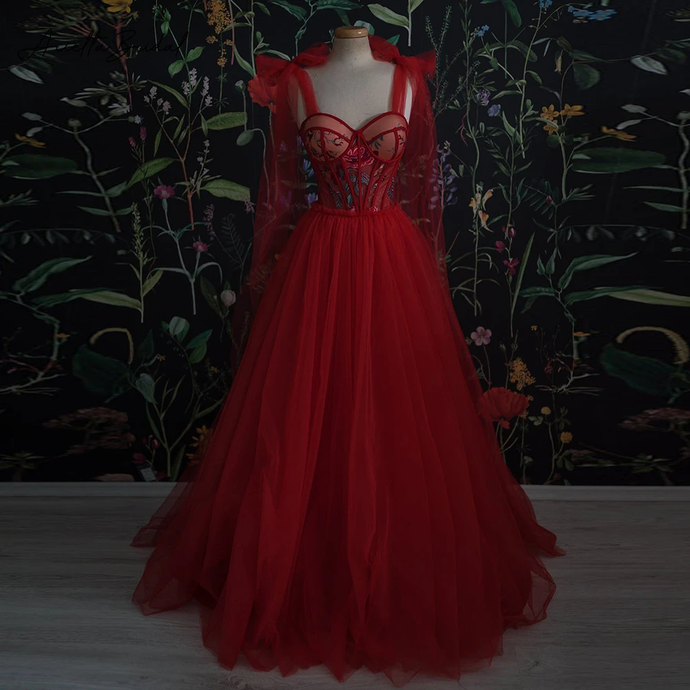 Arietta Sweetheart Red Tulle A-Line Prom Dresses Bow Straps Appliqued Corset Maxi Evening Party Gowns Formal Occasion Dresses
Arietta Sweetheart Red Tulle A-Line Prom Dresses Bow Straps Appliqued Corset Maxi Evening Party Gowns Formal Occasion Dresses