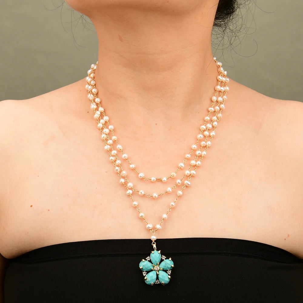 G-G 3 Rows Freshwater Cultured White Pearl Rosary Chain Necklace Blue Turquoise Flower Gold Plated CZ Paved Charms Pendant
G-G 3 Rows Freshwater Cultured White Pearl Rosary Chain Necklace Blue Turquoise Flower Gold Plated CZ Paved Charms Pendant