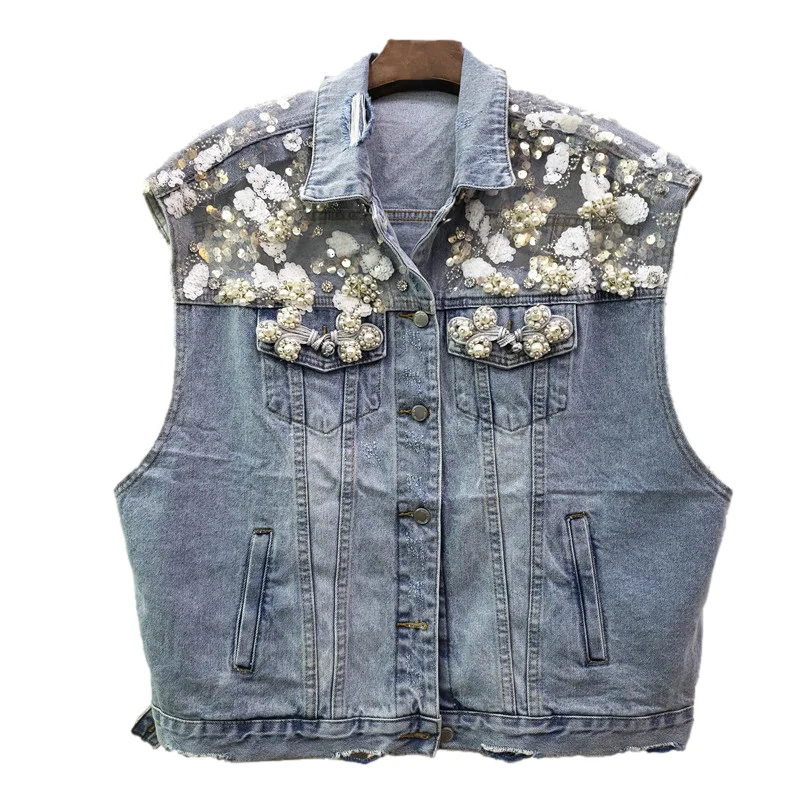 Pearl Sequins Denim Vest Women Loose Short Waistcoat Blue Cowboy Sleeveless Jacket Mesh Hollow Out Holes Hem Jeans Vests Female
Pearl Sequins Denim Vest Women Loose Short Waistcoat Blue Cowboy Sleeveless Jacket Mesh Hollow Out Holes Hem Jeans Vests Female